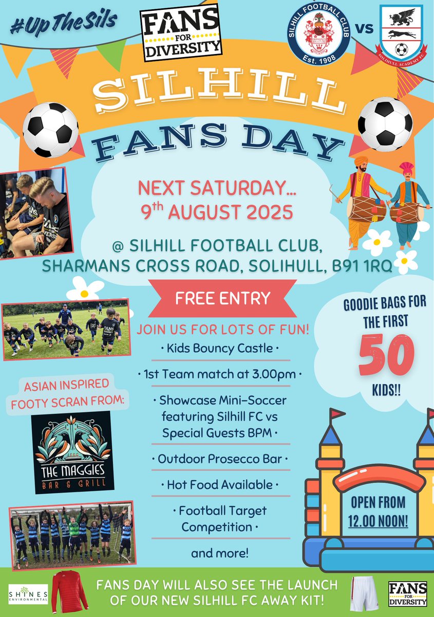 SilhillFC's tweet image. Saturday 9th August 2025 - Silhill FC Fans Day

Silhill FC vs Solihull Youth Academy - 3.00pm KO

This match has been earmarked as our 2025 Silhill FC Fans Day, an opportunity for us to invite our members and the local community down to SXR to enjoy a great day out!