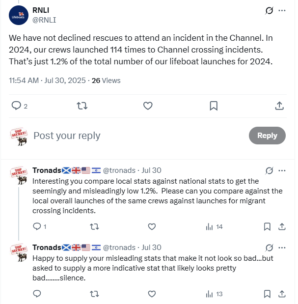 I wonder why <a href="/RNLI/">RNLI</a> were so quick to provide their wildly misleading stats, but are strangely quiet when asked to provide more indicative information...... I think because its likely that more launches from those specific boats have been for migrants than non migrant events.