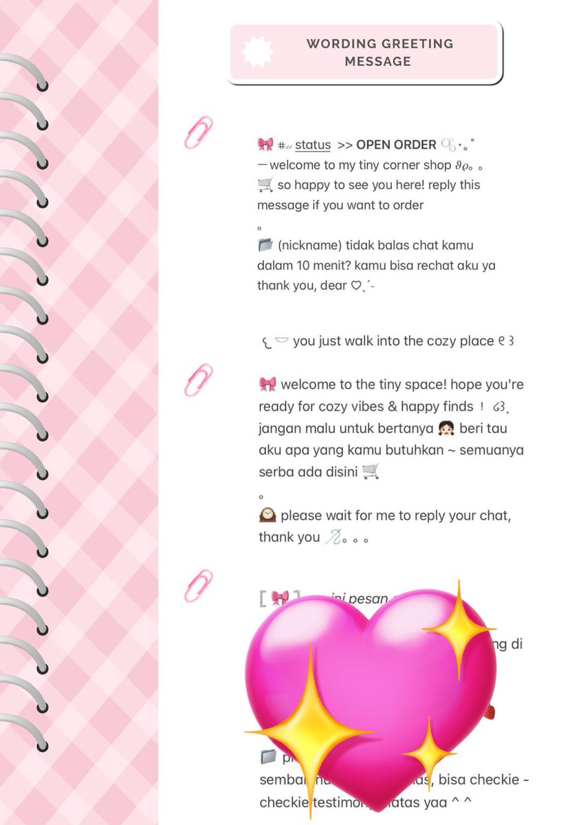 help repost please, thank you love ! 💋

ㅤㅤㅤㅤㅤㅤㅤclearance sale ㅤㅤㅤㅤㅤㅤㅤ

𓄳 halo semua, ren ada 2 wording greeting messages ready stock yang bisa kamu bungkus sekarang juga loh៸៸៸ 🛒 2.000/ each  mari jajan stock wordingnya bub  ˚୨୧⋆｡

#zonauang