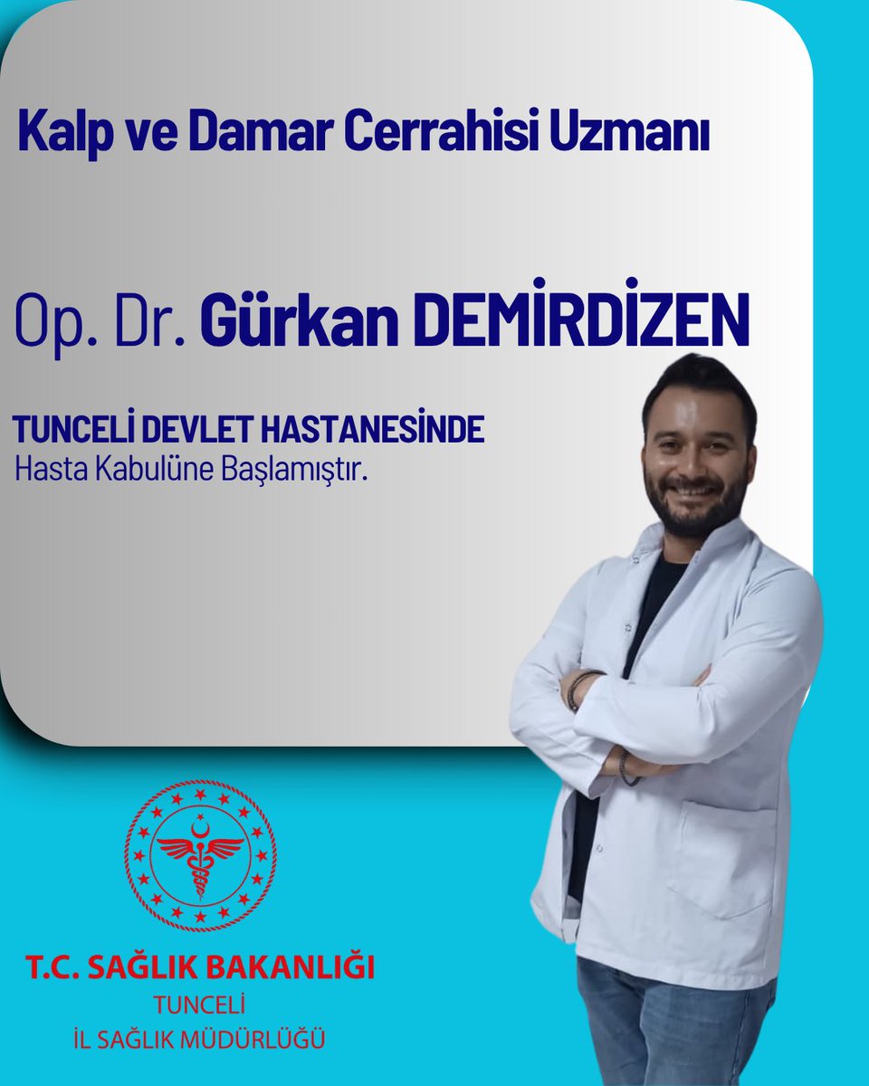 Tunceli İl Sağlık Müdürlüğü (@tunceliilsaglik) on Twitter photo Kalp ve Damar Cerrahisi Uzmanı Op. Dr. Gürkan DEMİRDİZEN, Tunceli Devlet Hastanesinde hasta kabulüne başlamıştır. Göreve yeni başlayan hekimimize çalışma hayatında başarılar diliyoruz, ilimize hayırlı uğurlu olsun.
#sağlıklışehirtunceli
<a href="/saglikbakanligi/">T.C. Sağlık Bakanlığı</a>
<a href="/sbkhgm/">Kamu Hastaneleri Genel Müdürlüğü</a>
<a href="/sbsggm/">Sağlığın Geliştirilmesi</a> Kalp ve Damar Cerrahisi Uzmanı Op. Dr. Gürkan DEMİRDİZEN, Tunceli Devlet Hastanesinde hasta kabulüne başlamıştır. Göreve yeni başlayan hekimimize çalışma hayatında başarılar diliyoruz, ilimize hayırlı uğurlu olsun.
#sağlıklışehirtunceli
<a href="/saglikbakanligi/">T.C. Sağlık Bakanlığı</a>
<a href="/sbkhgm/">Kamu Hastaneleri Genel Müdürlüğü</a>
<a href="/sbsggm/">Sağlığın Geliştirilmesi</a>