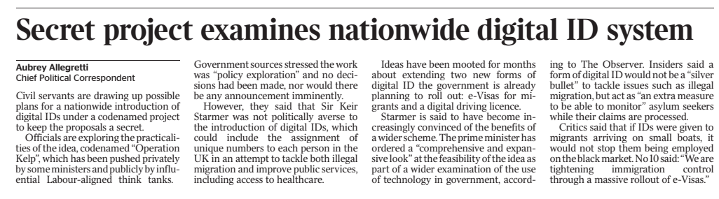 breeallegretti's tweet photo. Exc: Civil servants try to keep nationwide digital ID plans a secret with codenamed project. 

“Operation Kelp” is being worked on by a handful of officials in No 10 and some Whitehall departments.

It's been given a codename to avoid leaks, in a sign of nervousness about the plans.