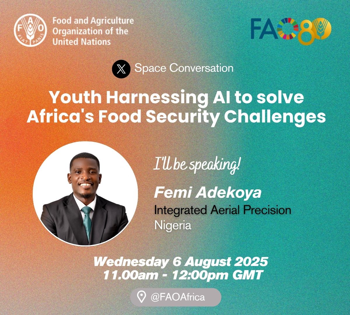 FAO in Africa (@faoafrica) on Twitter photo Can youth + AI unlock Africa’s food future?
Join us for a powerful X Space on Youth Harnessing AI to solve Africa's Food Security Challenges
🗓️ Aug 6 | 11AM GMT
🎙️ Speaker: <a href="/Femi__Adekoya/">The Flyingfarmer</a>
🔗 bit.ly/45AlKdG
#AIinAg #YouthInAg #DigitalInnovation #AgTech Can youth + AI unlock Africa’s food future?
Join us for a powerful X Space on Youth Harnessing AI to solve Africa's Food Security Challenges
🗓️ Aug 6 | 11AM GMT
🎙️ Speaker: <a href="/Femi__Adekoya/">The Flyingfarmer</a>
🔗 bit.ly/45AlKdG
#AIinAg #YouthInAg #DigitalInnovation #AgTech