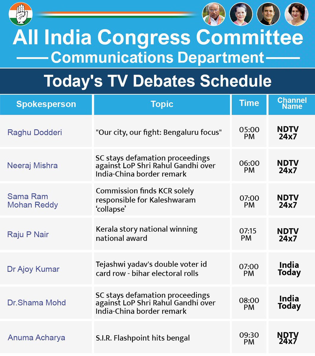 AICC Communications (@aiccmedia) on Twitter photo The following spokespersons of the Indian National Congress will be representing the party in television debates today-
<a href="/DodderiRaghu/">Raghu Dodderi</a> with <a href="/osamashaab/">Osama Shaby</a> on <a href="/ndtv/">NDTV</a>
<a href="/Neerajmishra/">नीरज मिश्रा 🇮🇳</a> with <a href="/osamashaab/">Osama Shaby</a> on <a href="/ndtv/">NDTV</a>
<a href="/RamMohanINC/">Sama Ram Mohan Reddy</a> with <a href="/TMVRaghav/">T.M.Veeraraghav</a> and
<a href="/Vasudha156/">Vasudha Venugopal</a> on <a href="/ndtv/">NDTV</a>
<a href="/RajuPNair/">Raju P Nair</a> with The following spokespersons of the Indian National Congress will be representing the party in television debates today-
<a href="/DodderiRaghu/">Raghu Dodderi</a> with <a href="/osamashaab/">Osama Shaby</a> on <a href="/ndtv/">NDTV</a>
<a href="/Neerajmishra/">नीरज मिश्रा 🇮🇳</a> with <a href="/osamashaab/">Osama Shaby</a> on <a href="/ndtv/">NDTV</a>
<a href="/RamMohanINC/">Sama Ram Mohan Reddy</a> with <a href="/TMVRaghav/">T.M.Veeraraghav</a> and
<a href="/Vasudha156/">Vasudha Venugopal</a> on <a href="/ndtv/">NDTV</a>
<a href="/RajuPNair/">Raju P Nair</a> with