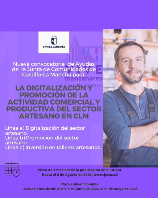 📣 ¿Conoces las ayudas para el sector artesano de #CastillaLaMancha?
🧵🪵 La #JCCM ha convocado ayudas para impulsar la digitalización, promoción e inversión en el sector artesano.
📅 Solicitud hasta 8 de agosto de 2025
📲jccm.es/tramites/10178… #AyudasArtesanos