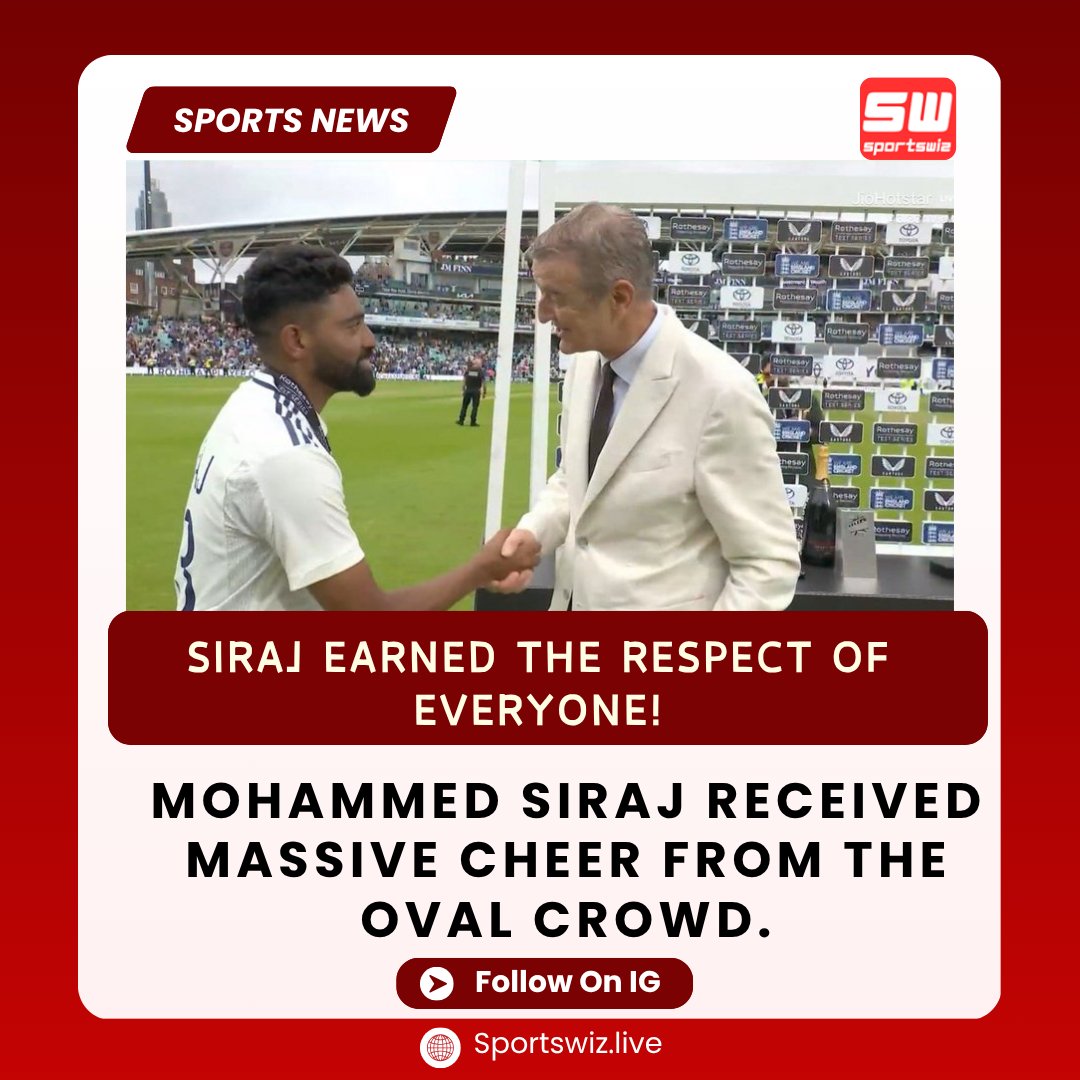 mysportswiz's tweet photo. MOHAMMED SIRAJ RECEIVED MASSIVE CHEER FROM THE OVAL CROWD. 

- Siraj earned the respect of everyone!

https://t.co/7Wm3X0SNBU 

#MohammedSiraj #ChrisWoakes #TestCricket   #OvalTest  #Atkinson  #WHATAMATCH   #WHATAWIN  #Jurel  #PrasidhKrishna https://t.co/FYQ7qdttWE