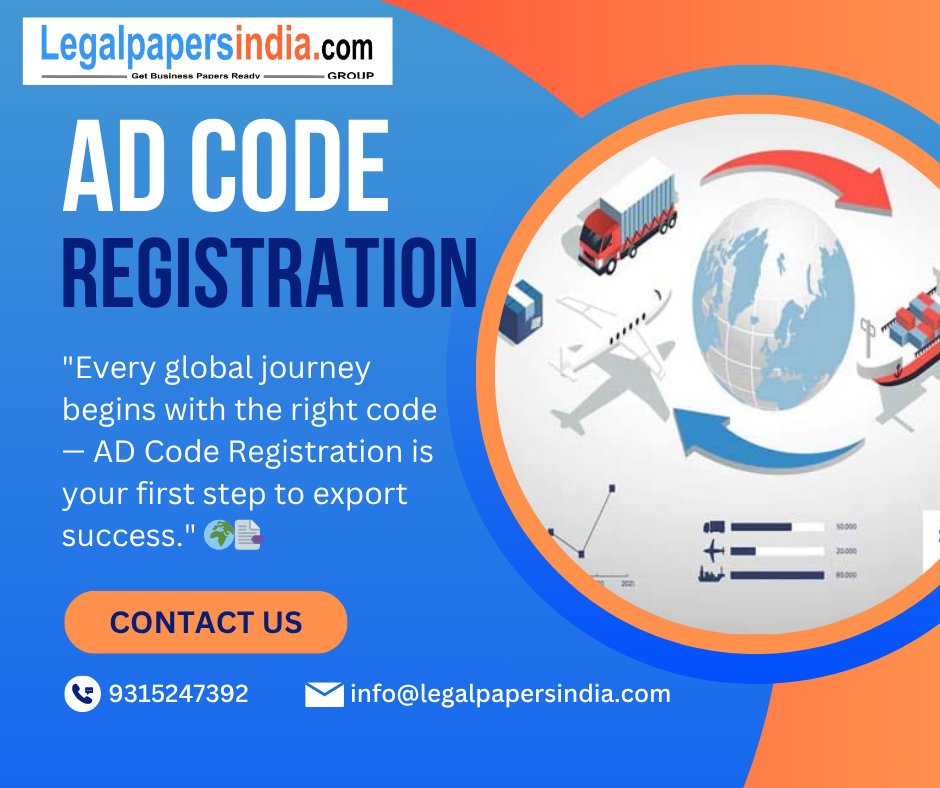LegalPapersInd's tweet image. An AD Code (Authorized Dealer Code) is a 14-digit number issued by a bank authorized by the RBI, linked to your business's current account.
#ADCode #ExportBusiness #GlobalTrade #StartupIndia