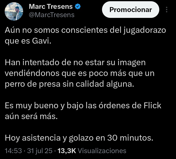 Hoy se va con dos goles en 45 minutos.

El monstruo que será Gavi al 100% con Flick en el baquillo será una locura.