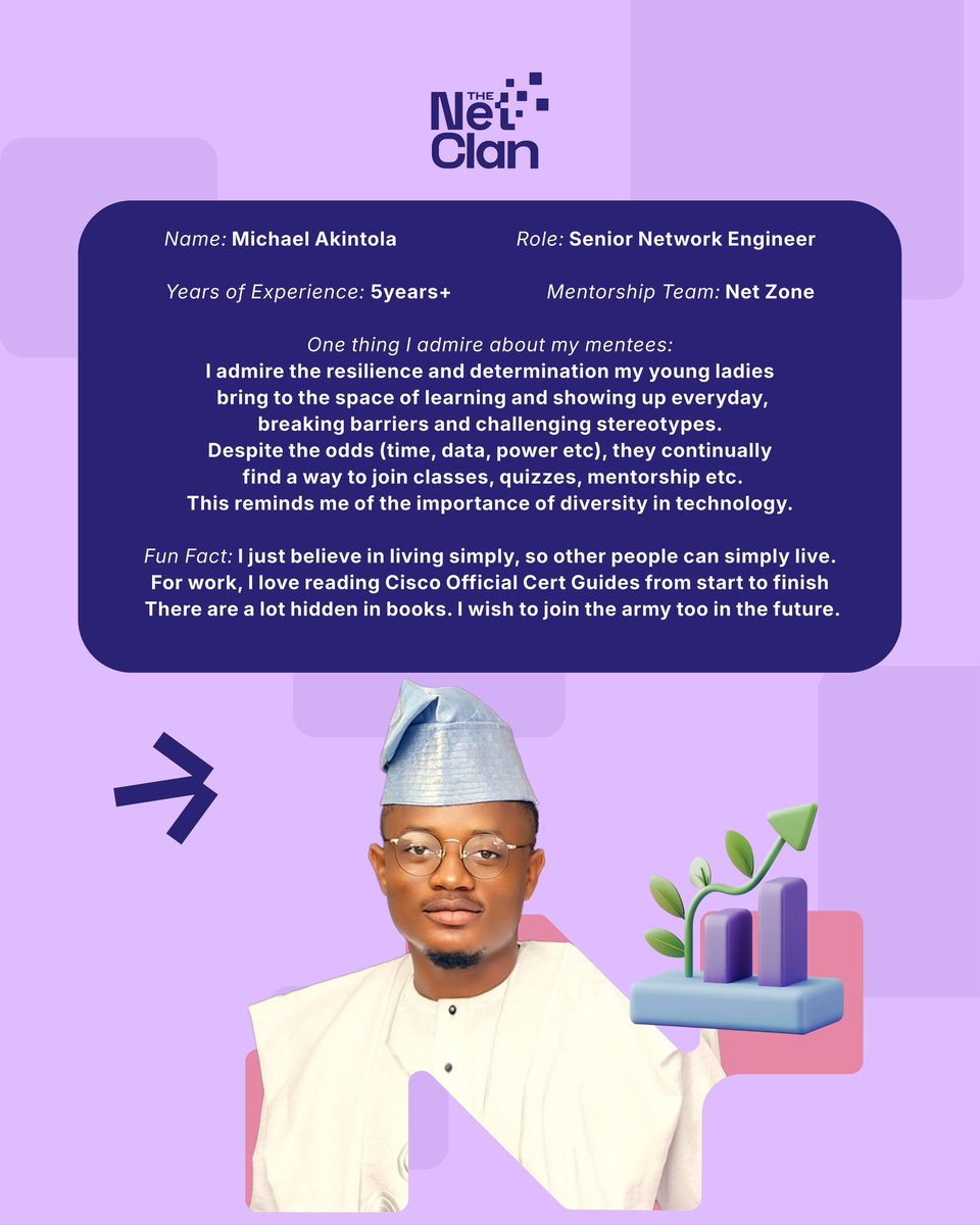 thenetclan's tweet image. Today, we’re spotlighting Michael Akintola, our &quot;Mentor of the Century&quot; for the #LiNEProgram! 🚀 

#Mentorship #NetworkEngineering #CareerDevelopment #LadiesinNetworkEngineering