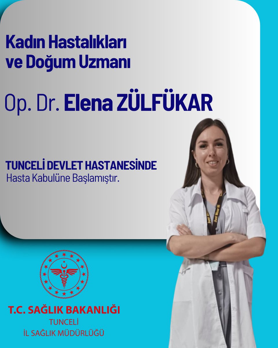 Tunceli İl Sağlık Müdürlüğü (@tunceliilsaglik) on Twitter photo Kadın Hastalıkları ve Doğum Uzmanı Op. Dr. Elena ZÜLFÜKAR, Tunceli Devlet Hastanesinde hasta kabulüne başlamıştır. Göreve yeni başlayan hekimimize çalışma hayatında başarılar diliyoruz, ilimize hayırlı uğurlu olsun.
#sağlıklışehirtunceli
<a href="/saglikbakanligi/">T.C. Sağlık Bakanlığı</a>
<a href="/sbkhgm/">Kamu Hastaneleri Genel Müdürlüğü</a>
<a href="/sbsggm/">Sağlığın Geliştirilmesi</a> Kadın Hastalıkları ve Doğum Uzmanı Op. Dr. Elena ZÜLFÜKAR, Tunceli Devlet Hastanesinde hasta kabulüne başlamıştır. Göreve yeni başlayan hekimimize çalışma hayatında başarılar diliyoruz, ilimize hayırlı uğurlu olsun.
#sağlıklışehirtunceli
<a href="/saglikbakanligi/">T.C. Sağlık Bakanlığı</a>
<a href="/sbkhgm/">Kamu Hastaneleri Genel Müdürlüğü</a>
<a href="/sbsggm/">Sağlığın Geliştirilmesi</a>