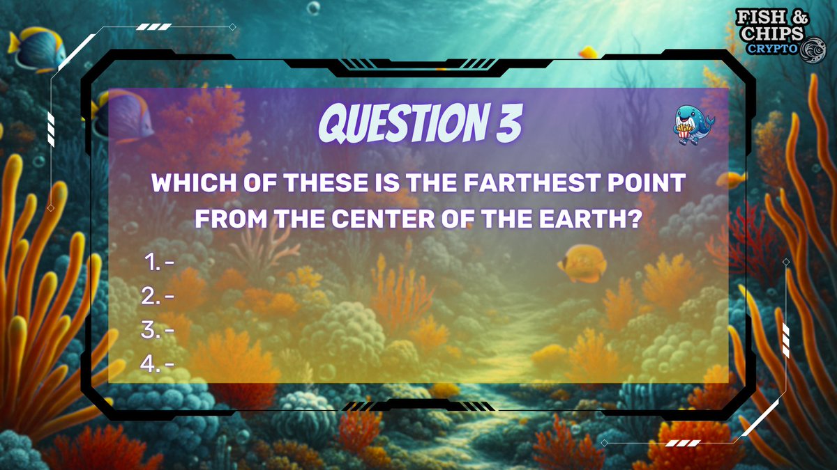 The Quiz Corner - Question 3

🏆You can win:
1 SeaLaife Pearl NFT (on #Base) earning 12% APR in $ETH
3 Crypto Consortium NFT (on #Cronos)

Join our Discord to play: playdiscord.gg/fishandchipsgg

‼️Don't miss the fun!