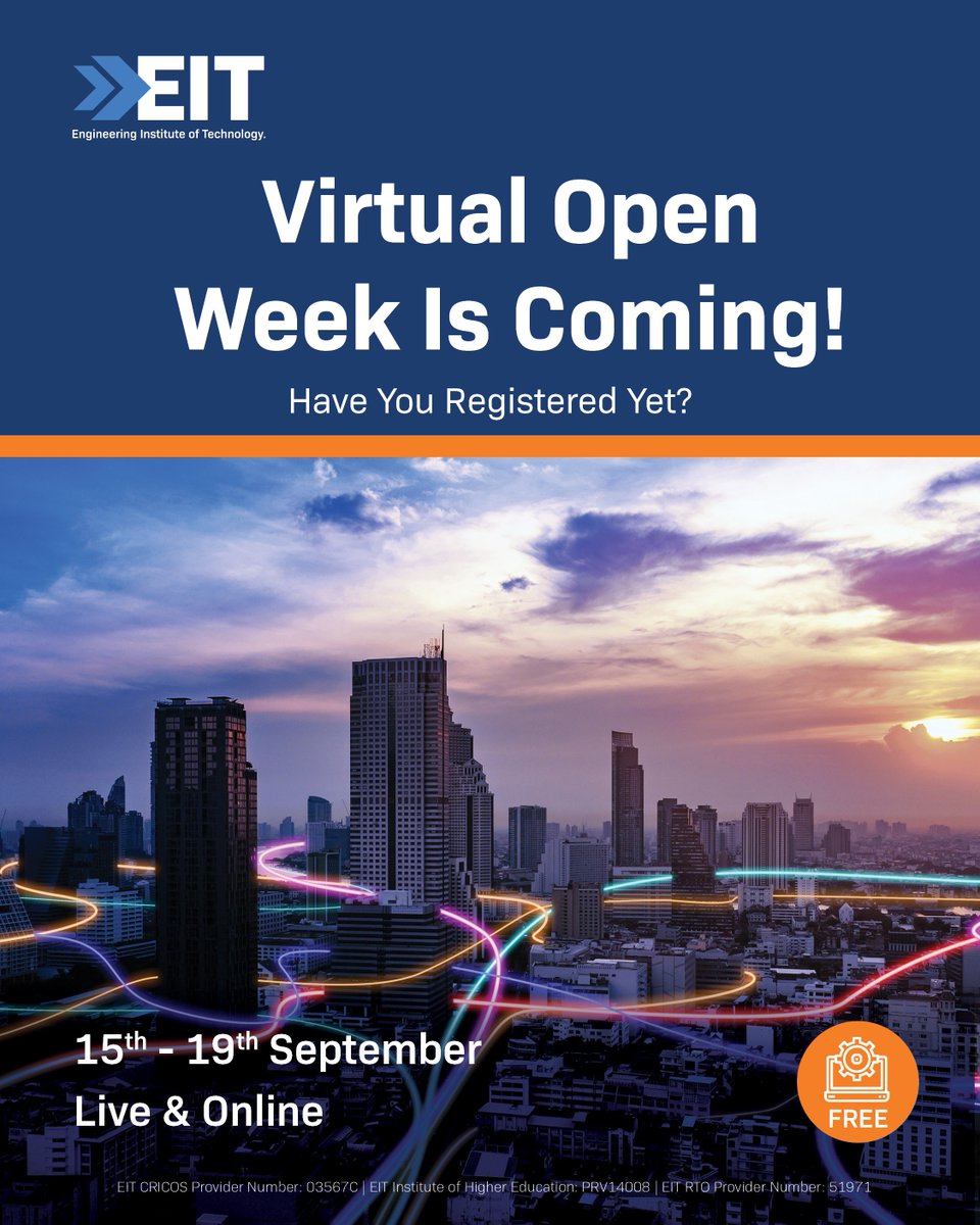 enginstoftech's tweet image. 🎓 EIT's Virtual Open Week is coming!
📲 Register now: EngInstTech.short.gy/r7Rgaw
#EITOpenWeek #VirtualEvents #StudyEngineering
EIT CRICOS Provider Number: 03567C | EIT Institute of Higher Education PRV14008 | EIT RTO Provider Number: 51971