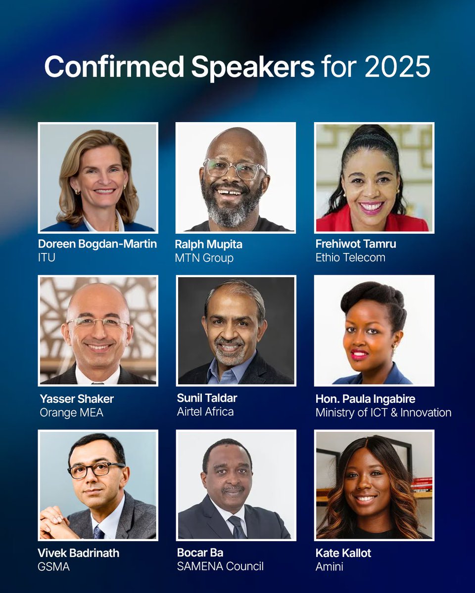 MWC (@mwchub) on Twitter photo We are thrilled to unveil our first wave of speakers for #MWC25 Kigali! 🚀
We can't wait to welcome on stage leaders from:
✔️ <a href="/ITU/">Int’l Telecommunication Union</a> | <a href="/MTNGroup/">MTN Group</a> | <a href="/ethiotelecom/">Ethio telecom</a> | <a href="/orange/">Orange</a> | <a href="/airtelnews/">Bharti Airtel</a> | <a href="/RwandaICT/">Ministry of ICT and Innovation | Rwanda</a> | <a href="/GSMA/">GSMA</a> | <a href="/SAMENAcouncil/">SAMENA Council</a> | <a href="/AminiTech/">Amini</a>
The list so far 👉 gsma.at/EX We are thrilled to unveil our first wave of speakers for #MWC25 Kigali! 🚀
We can't wait to welcome on stage leaders from:
✔️ <a href="/ITU/">Int’l Telecommunication Union</a> | <a href="/MTNGroup/">MTN Group</a> | <a href="/ethiotelecom/">Ethio telecom</a> | <a href="/orange/">Orange</a> | <a href="/airtelnews/">Bharti Airtel</a> | <a href="/RwandaICT/">Ministry of ICT and Innovation | Rwanda</a> | <a href="/GSMA/">GSMA</a> | <a href="/SAMENAcouncil/">SAMENA Council</a> | <a href="/AminiTech/">Amini</a>
The list so far 👉 gsma.at/EX