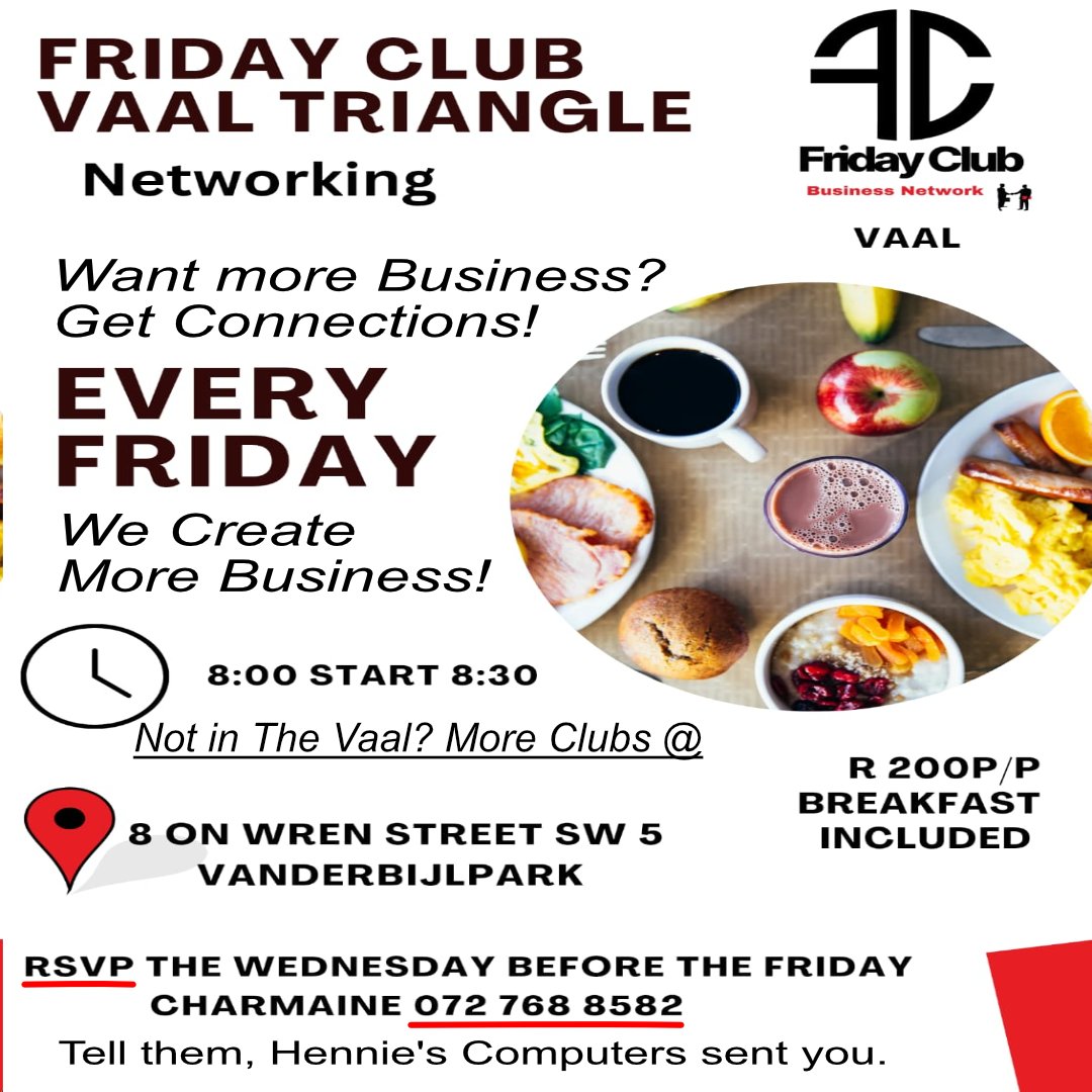At Friday Club, we bring together entrepreneurs and industry professionals to forge meaningful connections, open doors to new opportunities, building strong relationships through business networking, accelerates growth and cultivates lasting trust.<a href="/WildFireWLA/">#BusinessNetworking Group</a> <a href="/BISouthAfrica/">Business Insider SA🇿🇦</a>