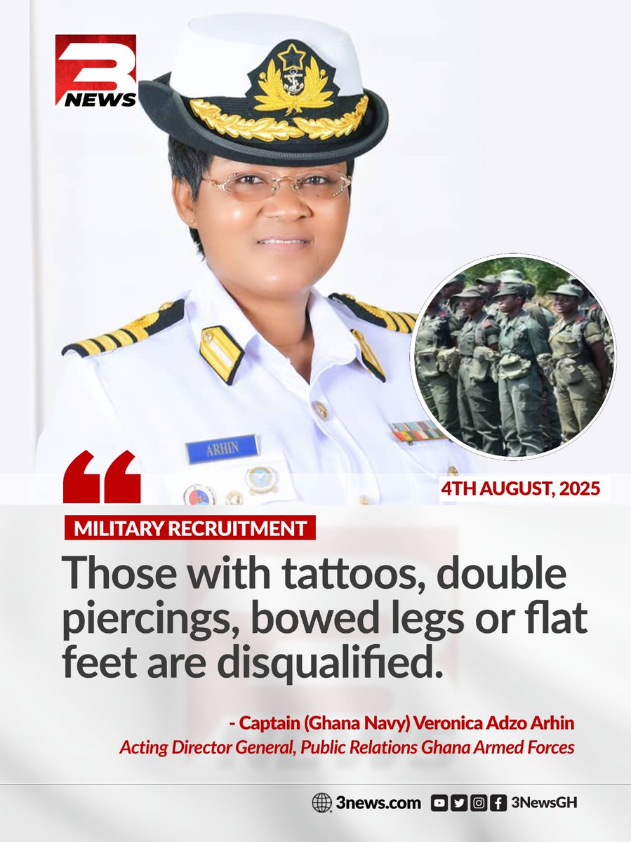 tv3_ghana's tweet image. Individuals with tattoos, double piercings, bowed legs, or flat feet will be disqualified from joining the Ghana Armed Forces, according to Captain Veronica Adzo Arhin (Ghana Navy), Acting Director General of Public Relations for the GAF

#3NewsGH