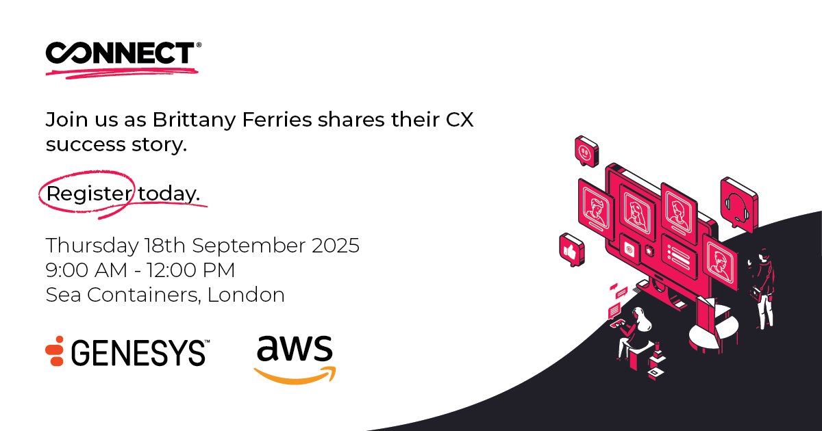 Connect (@we_connect_tech) on Twitter photo Catch Paul Acheson from <a href="/BrittanyFerries/">Brittany Ferries</a> speaking first-hand about elevating CX while reducing costs. Connect, in partnership with <a href="/awscloud/">Amazon Web Services</a> and <a href="/Genesys/">Genesys</a>, invites you to join.
Learn how Brittany Ferries rapidly stabilised its CX, with Connect. Register: tinyurl.com/yc3y4kaw Catch Paul Acheson from <a href="/BrittanyFerries/">Brittany Ferries</a> speaking first-hand about elevating CX while reducing costs. Connect, in partnership with <a href="/awscloud/">Amazon Web Services</a> and <a href="/Genesys/">Genesys</a>, invites you to join.
Learn how Brittany Ferries rapidly stabilised its CX, with Connect. Register: tinyurl.com/yc3y4kaw