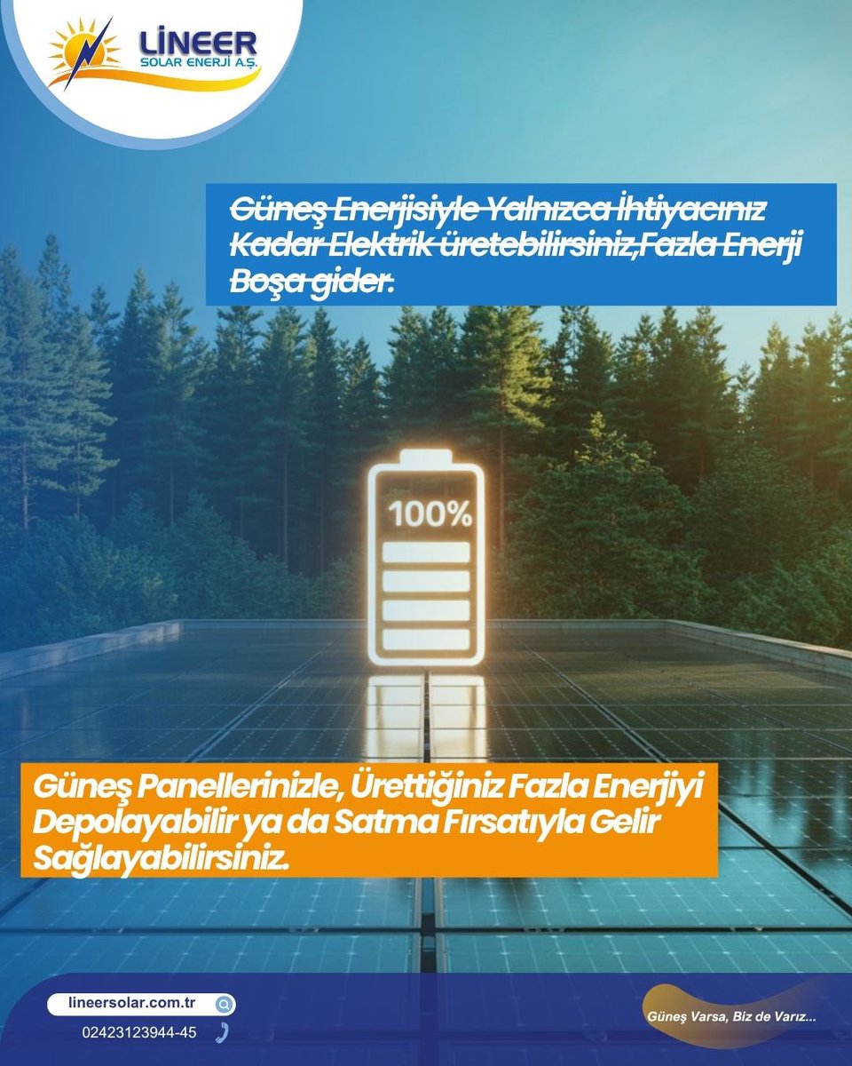 🔋 Güneş Enerjisiyle Sadece Tükettiğiniz Kadar Değil, Daha Fazlasını Üretin! ☀️
Güneş panellerinizle ürettiğiniz fazla enerjiyi depolayarak ya da şebekeye satarak gelir elde edebilirsiniz.
Enerjiniz boşa gitmesin, kazanca dönüşsün! 💡💸

📞 0242 312 39 44 – 45