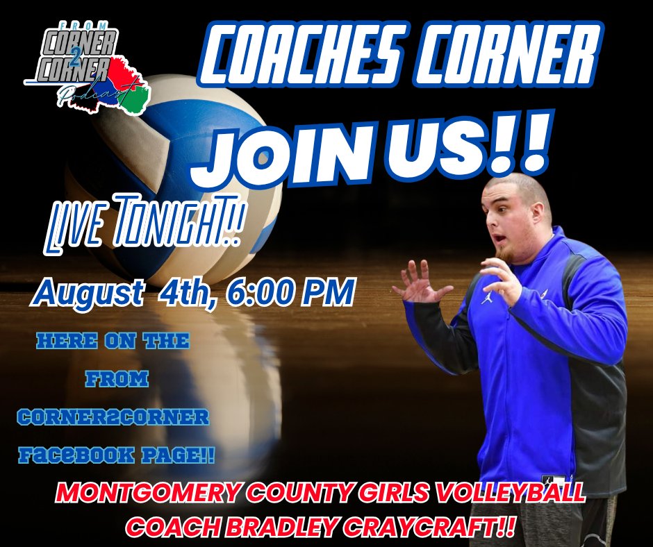 2025-2026 Season is upon us. Tonight we Set you up for Volleyball Season!! Tonight August 4th at 6:00 pm. We will welcome in Montgomery County Volleyball Coach Bradley Craycraft . We will be live on Facebook, X and You Tube. Tune in and Join the fun!!