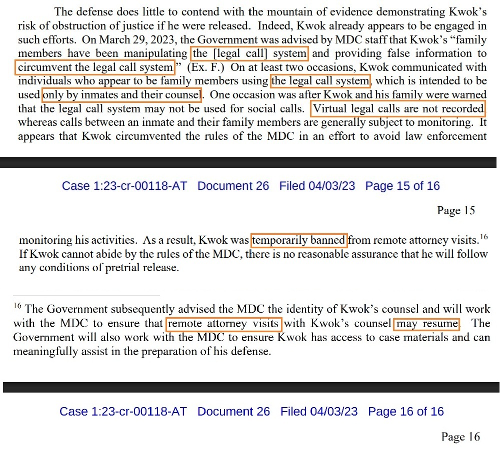 唯真不破，七哥刑事案#Doc26-6没有说 “郭先生与外界不再有任何联系”。

这两天在X上看到：有引用#Doc26-6文件，而否定自2023年3月29日之后七哥的所有对外电话联系。——这种说法是错误的，希望真战友不要误信。
根据#Doc26可以看出，MDC里有两套电话系统：一套供被关押者(inmate)