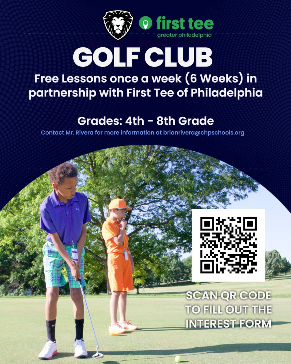 CHP Schools Athletics (@chpathletics) on Twitter photo NEW Golf program opportunity this Fall at Antonia Pantoja Charter School in partnership with the First Tee of Philadelphia.
If your child is interested please scan the QR code to fill out our interest form.
<a href="/mpaasports/">MPAA Sports</a> NEW Golf program opportunity this Fall at Antonia Pantoja Charter School in partnership with the First Tee of Philadelphia.
If your child is interested please scan the QR code to fill out our interest form.
<a href="/mpaasports/">MPAA Sports</a>