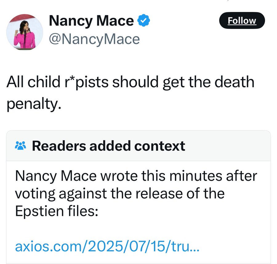 East Bradenham (@ddbecker5454) on Twitter photo <a href="/NancyMace/">Nancy Mace</a> The folks in SC may be weird, but they're not stupid. They won't elect a mentally ill drug-addicted attention whore who supports kids getting raped and who routinely makes false accusations against others. Ain't gonna happen. <a href="/NancyMace/">Nancy Mace</a> The folks in SC may be weird, but they're not stupid. They won't elect a mentally ill drug-addicted attention whore who supports kids getting raped and who routinely makes false accusations against others. Ain't gonna happen.