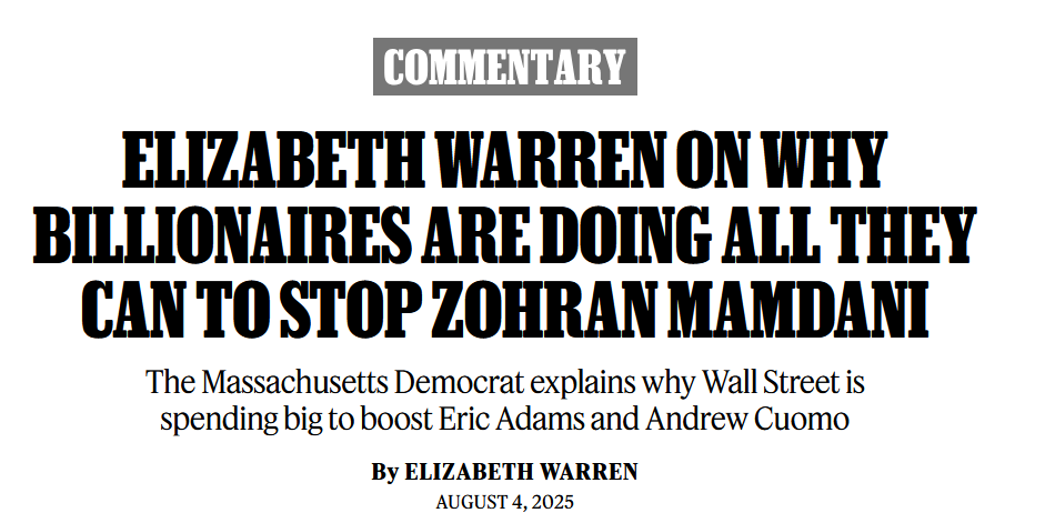 Zohran Kwame Mamdani (@zohrankmamdani) on Twitter photo At <a href="/RollingStone/">Rolling Stone</a>, Senator Elizabeth Warren lays out the stakes of our election.
"It turns out there are some billionaires and Wall Street CEOs who can’t stand the idea of a mayor who wants them to pay their fair share to create a city that everyone can afford." At <a href="/RollingStone/">Rolling Stone</a>, Senator Elizabeth Warren lays out the stakes of our election.
"It turns out there are some billionaires and Wall Street CEOs who can’t stand the idea of a mayor who wants them to pay their fair share to create a city that everyone can afford."