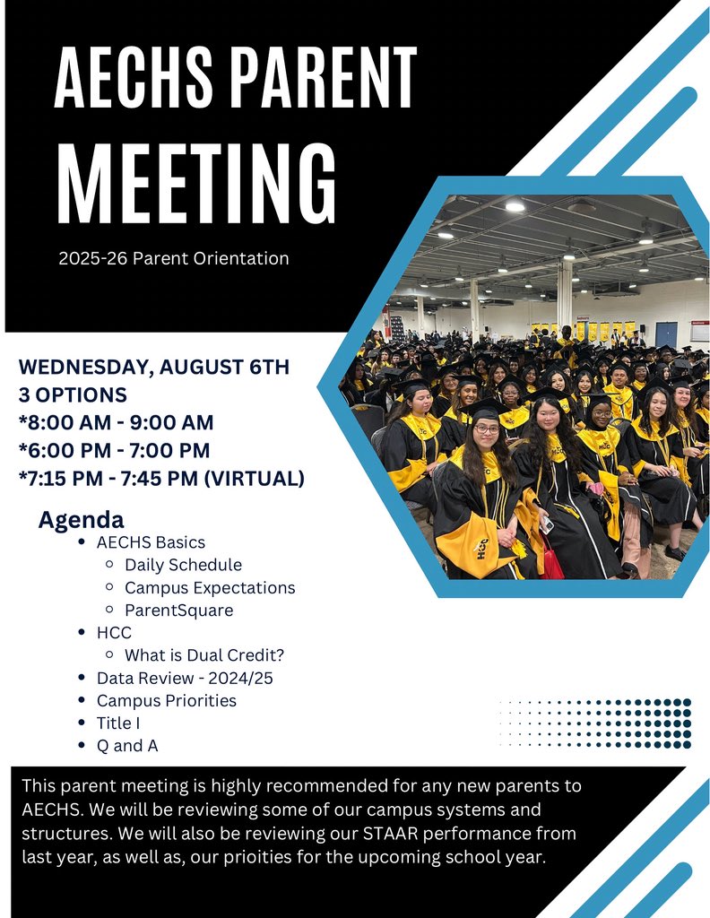 AECHS Families, to access the virtual meeting, please check the ParentSquare announcement for the Zoom information. 

Hope to see you all on Wednesday!
<a href="/AliefECHS/">Alief Early College</a> <a href="/AliefISD/">Alief ISD</a>