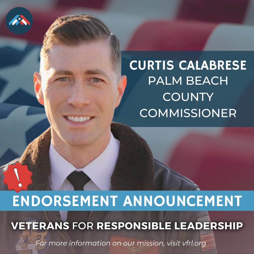VetsForRL's tweet image. Veterans for Responsible Leadership is proud to endorse Curtis Calabrese (@FlyCalabrese), PhD, for Palm Beach County Commission - District 4.

Curtis is a Navy combat veteran, safety advocate, and lifelong Boca Raton resident. With experience leading FAA investigations,…