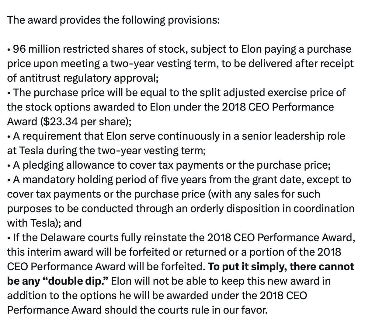 Sawyer Merritt (@sawyermerritt) on Twitter photo This stock award of 96 million shares that <a href="/Tesla/">Tesla</a> is giving to Elon Musk will bring his total ownership of the company to about 14.6%, up from 12.9% currently (after taxes, which he wouldn't need to pay for a couple years).
The main goal of this stock award is to give him part This stock award of 96 million shares that <a href="/Tesla/">Tesla</a> is giving to Elon Musk will bring his total ownership of the company to about 14.6%, up from 12.9% currently (after taxes, which he wouldn't need to pay for a couple years).
The main goal of this stock award is to give him part