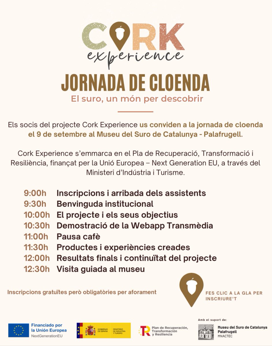 RETECORK's tweet image. 📣 Recta final del projecte Cork Experience:

✅ T’esperem a la jornada de cloenda, on presentarem tota la feina feta.

📅 9 de setembre
⏰ A partir de les 9 h
📍 Museu del Suro, Palafrugell

🎟️ Activitat gratuïta, però amb inscripció obligatòria:

👉 docs.google.com/forms/d/e/1FAI…