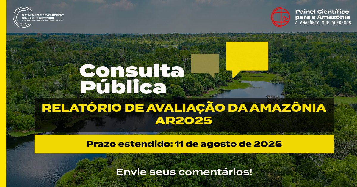 📢 Prazo estendido! Agora você tem até 11 de agosto para enviar seus comentários sobre o Relatório de Avaliação da Amazônia 2025.
📝 Participe: sp-amazon.org/br/noticias/ar…
 #AAmazôniaQueQueremos #AR2025 #COP30
