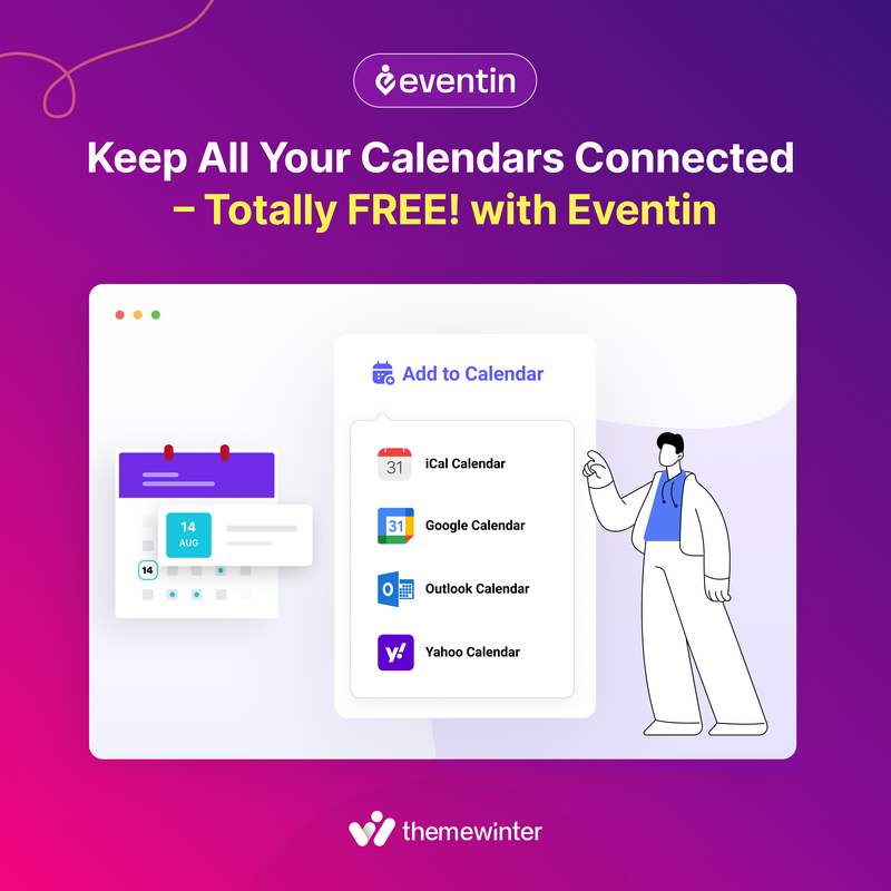 🎯 Stay in sync — for FREE!

Eventin Free now supports iCal, Google, Outlook &amp; Yahoo Calendar. 🗓️

✅ No double bookings
✅ No missed events
✅ Just smooth scheduling

Plan smarter with Eventin → themewinter.com/eventin/

#Eventin #CalendarSync #WordPressEvents #FreePlugin