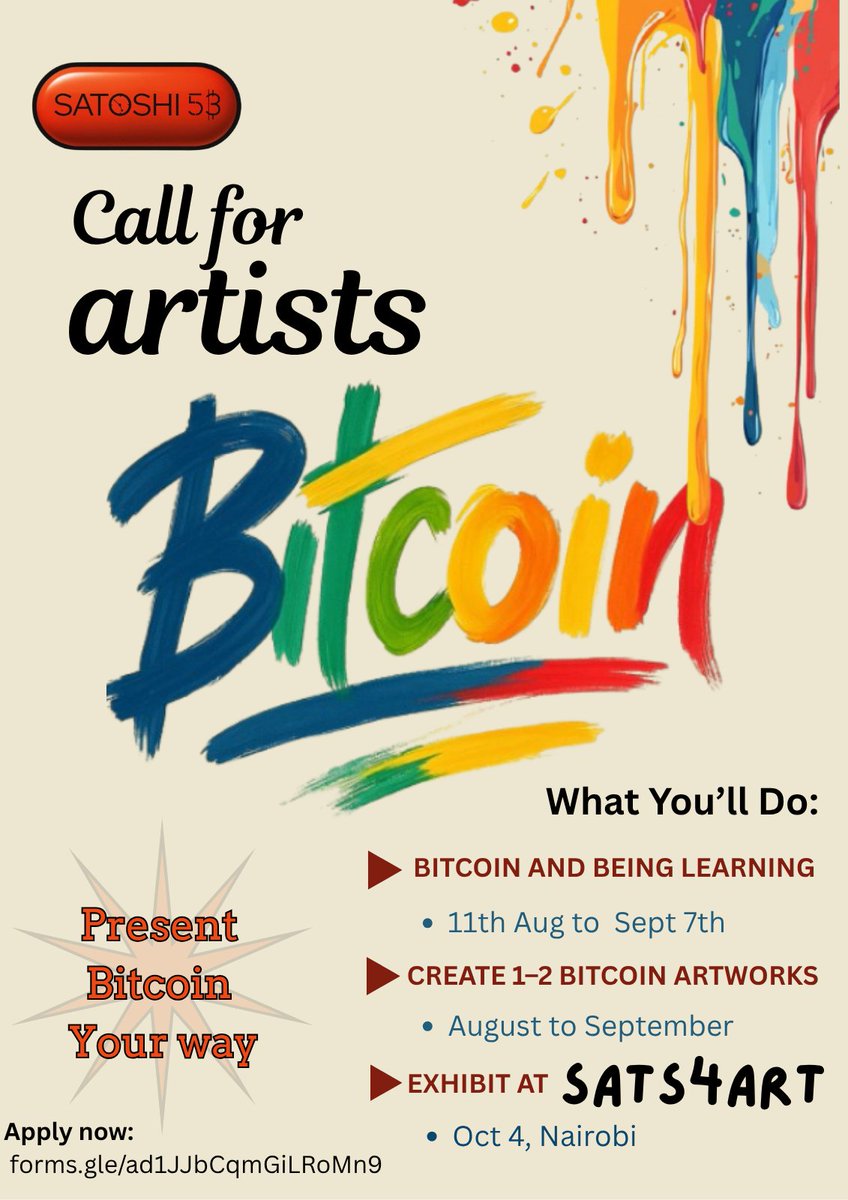 What if your art could outlive time?
Bitcoin is more than money. It’s a story, and a revolution in time.
Sats4Art is calling for artists to:
⚡ Learn the story of Bitcoin
🎨 Create 1–2 timeless artworks
🏛️ Exhibit in on Oct 4th 2025
🔗 Apply now: bit.ly/45jfYMe