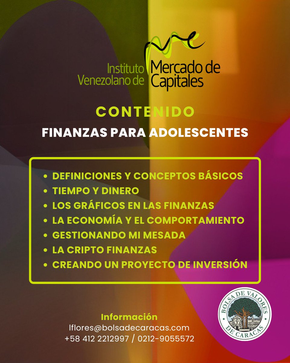 #Curso | El Instituto Venezolano de Mercado de Capitales ya abrió las inscripciones para el curso “Finanzas para Adolescentes”, diseñado para enseñar a manejar el dinero, ahorrar con propósito y entender el mundo financiero desde temprano.

📅 Fecha: 11 al 15 de agosto de 2025
📍