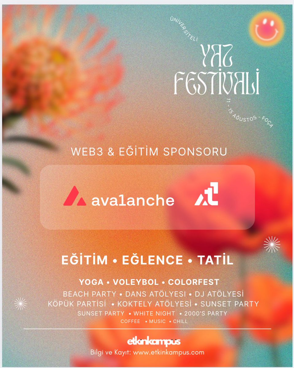🔺14 Ağustos'ta Etkin Kampüs tarafından düzenlenen Üniversiteli Yaz Festivali'nde görüşmek üzere.

🔺 See you on August 14 at the University Summer Festival organized by Etkin Kampüs

<a href="/avax/">Avalanche🔺</a> 🤜🤛 <a href="/AvalancheFDN/">Avalanche Foundation 🔺</a> 🤜🤛 <a href="/avalanche_tr/">Avalanche TR 🔺</a> 🤜🤛 <a href="/AvaxTeam1/">Avalanche Team1</a>