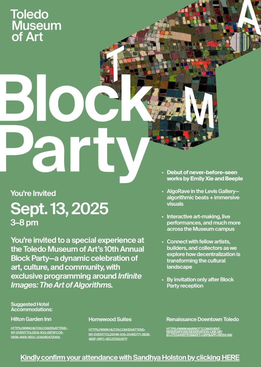 El Barba Roja blue check (@redbeardnft) on Twitter photo Gm
September 12th-14th <a href="/ToledoMuseum/">Toledo Museum of Art</a> is inviting everyone from our community to come see “Infinite Images: The Art of Algorithms”
Don’t miss out on this special moment for our digital art community.
There will be special events for holders of <a href="/SamSpratt/">Sam Spratt</a> & <a href="/cryptopunksnfts/">CryptoPunks</a>, Gm
September 12th-14th <a href="/ToledoMuseum/">Toledo Museum of Art</a> is inviting everyone from our community to come see “Infinite Images: The Art of Algorithms”
Don’t miss out on this special moment for our digital art community.
There will be special events for holders of <a href="/SamSpratt/">Sam Spratt</a> & <a href="/cryptopunksnfts/">CryptoPunks</a>,