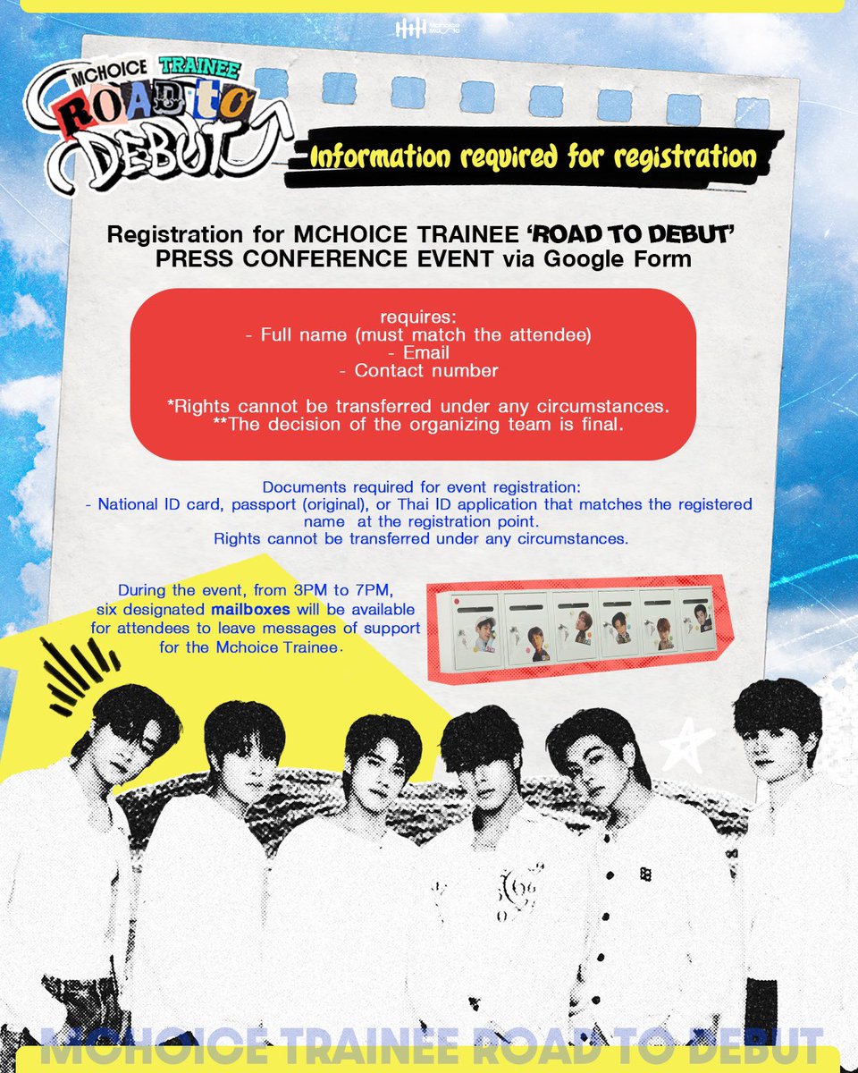 MCHOICE TRAINEE ‘ROAD TO DEBUT’ 💫
#MchoiceTraineeRTD

📌รายละเอียดการลงทะเบียนเข้าร่วมงาน PRESS CONFERENCE 

หลังจบงานมีรวมพล สามารถมาพูดคุยกับน้อง ๆ #MchoiceTrainee ได้นะคะ

#MchoiceMusic
#MchoiceTH