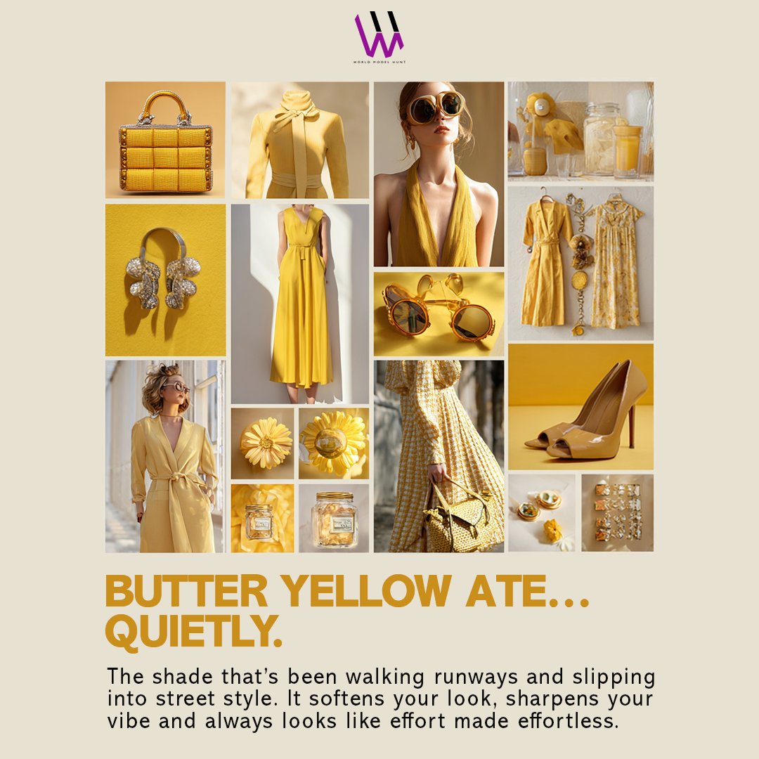 WorldModelHunt's tweet image. Butter Yellow is trending — quietly. Seen on SS25 runways + model off-duty looks, it’s soft but styled, warm but polished. Pair it with espresso, ivory, or silver for max effect. ✨ Save this for your summer palette.
visit worldmodelhunt.com 
#ButterYellow