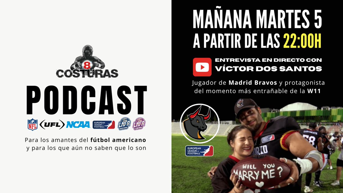 🚨Martes 5 programa en directo 🚨

Con Víctor Dos Santos "Chicago", Defensive Line de <a href="/MadridBravos/">Madrid Bravos</a> 

Hablaremos de la actualidad y la previa de la week 13 de la ELF.

Deja tu pregunta a Chicago 👇🏼