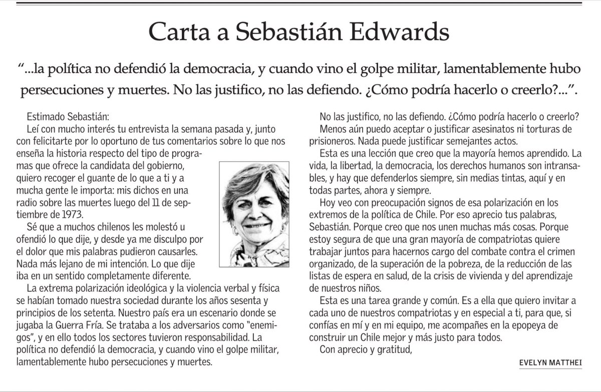 Víctor Blanco (@victorblanco_c) on Twitter photo La carta de <a href="/evelynmatthei/">Evelyn Matthei</a> a Sebastián Edwards es un acto de claridad y coraje que valoro profundamente. Nací en 1989, en los albores de la democracia chilena. Crecí con la convicción de que la vida, la libertad y los derechos humanos son intransables. Ninguna muerte, persecución La carta de <a href="/evelynmatthei/">Evelyn Matthei</a> a Sebastián Edwards es un acto de claridad y coraje que valoro profundamente. Nací en 1989, en los albores de la democracia chilena. Crecí con la convicción de que la vida, la libertad y los derechos humanos son intransables. Ninguna muerte, persecución