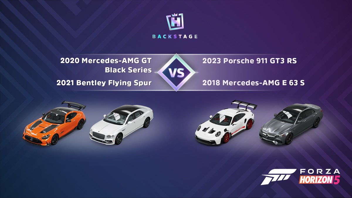 Forza Horizon en Français (@forzahorizonfr) on Twitter photo L'une des voitures les plus demandées arrive au Backstage Vote! Mercedes-AMG GT Black Series '20 & Bentley Flying Spur '21, ou Porsche 911 GT3 RS '23 & Mercedes-AMG E 63 S '18? 🗳️ Ce sera votre choix pour la semaine qui commence Jeudi! 👀 #FH5enFrançais L'une des voitures les plus demandées arrive au Backstage Vote! Mercedes-AMG GT Black Series '20 & Bentley Flying Spur '21, ou Porsche 911 GT3 RS '23 & Mercedes-AMG E 63 S '18? 🗳️ Ce sera votre choix pour la semaine qui commence Jeudi! 👀 #FH5enFrançais