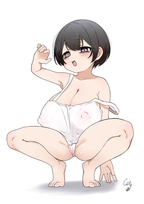 ダウナーで隈の濃い透けぷっくり乳首タンクトップも警戒心もゆるゆるボーイッシュロリ巨乳の蹲踞はいいぞぉ…。 #ロリ巨乳