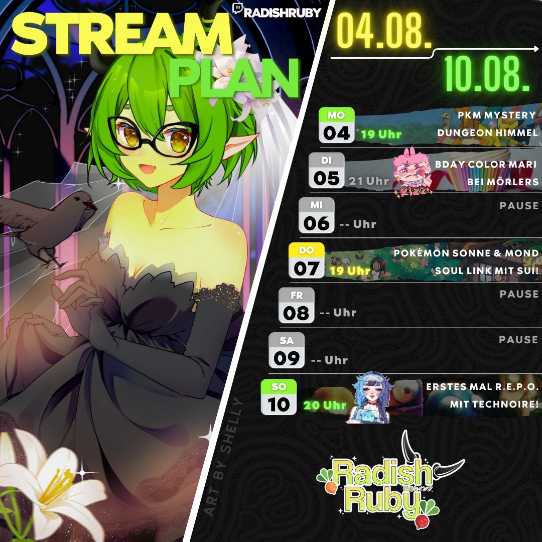 Radish 🥕😈 @SAMTCON (@radishruby) on Twitter photo 🥕 STREAMPLAN 🥕
Cliffhanger? Pah! Es geht heute direkt weiter mit Mystery Dungeon! ⛅
Di kein Stream aber ColorMari bei <a href="/MoerliArt/">Mörli 🔞 Vtuber/Vartist</a> zum Reinfeiern!🎂
Do mehr Pkm Sonne/Mond Rando Soullink mit <a href="/Suishomaru/">Sui 👻 Forest Spirit VTuber</a>! 🏝️
Und So zeigt mir <a href="/TechnoireVT/">Technoire 🌐 🥽 GerVtuber</a> die gruselhafte Welt von R.E.P.O! ☠️ 🥕 STREAMPLAN 🥕
Cliffhanger? Pah! Es geht heute direkt weiter mit Mystery Dungeon! ⛅
Di kein Stream aber ColorMari bei <a href="/MoerliArt/">Mörli 🔞 Vtuber/Vartist</a> zum Reinfeiern!🎂
Do mehr Pkm Sonne/Mond Rando Soullink mit <a href="/Suishomaru/">Sui 👻 Forest Spirit VTuber</a>! 🏝️
Und So zeigt mir <a href="/TechnoireVT/">Technoire 🌐 🥽 GerVtuber</a> die gruselhafte Welt von R.E.P.O! ☠️