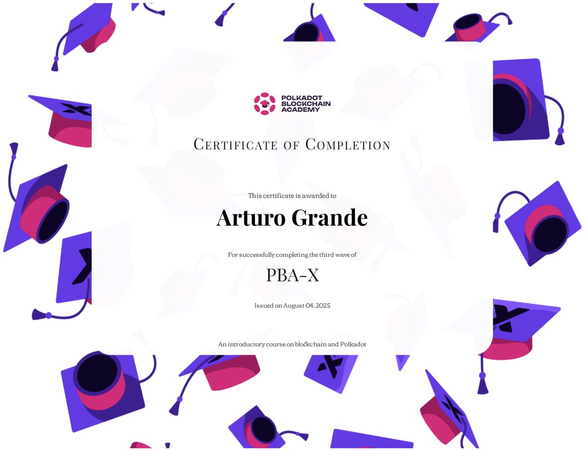 Artu Grande (@artugrande) on Twitter photo I’ve officially completed the <a href="/AcademyPolkadot/">Polkadot Blockchain Academy</a>.
It’s been an incredible journey diving deep into the tech, governance, and community that make <a href="/Polkadot/">Polkadot</a> such a powerful ecosystem for innovation.
Massive thanks to <a href="/polkadotamerica/">Polkadot Americas</a>, <a href="/PolkadotMendoza/">Polkadot Mendoza</a>, and especially to <a href="/mattsanto_/">Matt ⚡</a> I’ve officially completed the <a href="/AcademyPolkadot/">Polkadot Blockchain Academy</a>.
It’s been an incredible journey diving deep into the tech, governance, and community that make <a href="/Polkadot/">Polkadot</a> such a powerful ecosystem for innovation.
Massive thanks to <a href="/polkadotamerica/">Polkadot Americas</a>, <a href="/PolkadotMendoza/">Polkadot Mendoza</a>, and especially to <a href="/mattsanto_/">Matt ⚡</a>