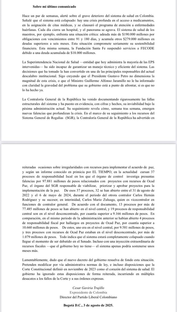 ÚltimaHoraCaracol (@ultimahoracr) on Twitter photo El expresidente y director del <a href="/PartidoLiberal/">Partido Liberal</a>, César Gaviria, lanzó nuevas críticas a la política de Paz Total del Gobierno Petro, asegurando que “La Paz no se mendiga, se construye con autoridad, estrategia y resultados”.
En la misiva también habla sobre el decreto construye El expresidente y director del <a href="/PartidoLiberal/">Partido Liberal</a>, César Gaviria, lanzó nuevas críticas a la política de Paz Total del Gobierno Petro, asegurando que “La Paz no se mendiga, se construye con autoridad, estrategia y resultados”.
En la misiva también habla sobre el decreto construye