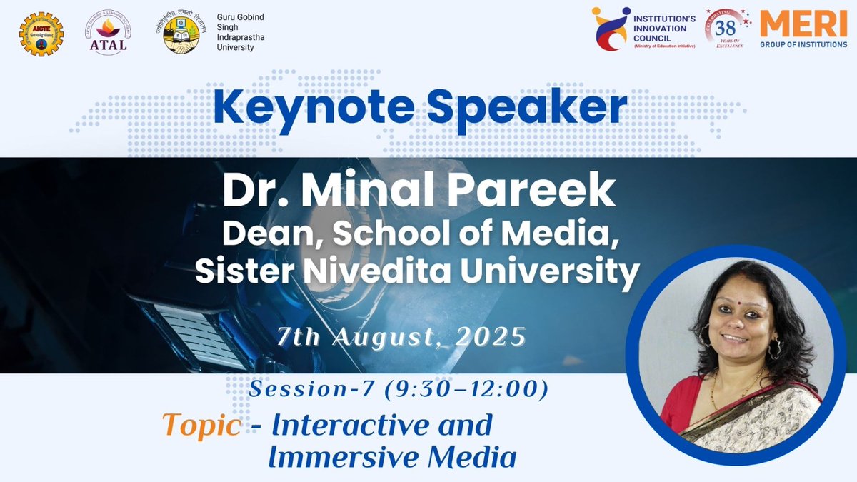 meri_college's tweet image. One-week Faculty Development Programme on
Innovative Studio Techniques in Film and Video Communication.
Join us on 7th August 2025, at MERI College.

#fdp #atalacademy #merigroupofinstitutions #ggsipu #aicteapproved #mediaeducation #facultyevent #bestipucollege