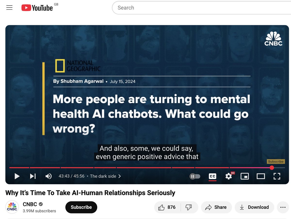 If you have time,  a short documentary on the people who arer turning to AI companions.
It's a study of loneliness, delusion, opportunism and exploitation. 
CNBC gets the downside almost right, but fails to call out how big tech has cultivated loneliness.
youtube.com/watch?v=otAWu-…