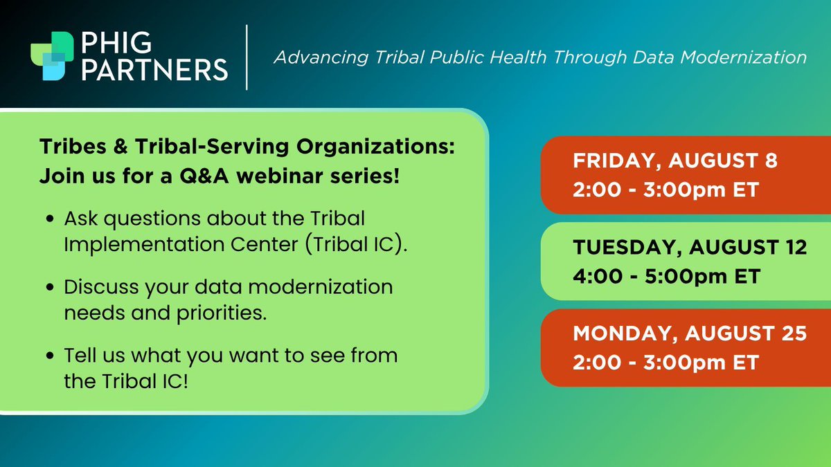 NNPHI_ORG's tweet image. 📣 Calling all #Tribal data professionals, leaders, &amp;amp; decision-makers: Register for our Q&amp;amp;A webinar series on the Tribal Implementation Center (buff.ly/mEcNvpI), a program supporting Tribal public health #datamodernization through CDC’s #PHIG. 
🔗buff.ly/Z1ggr83