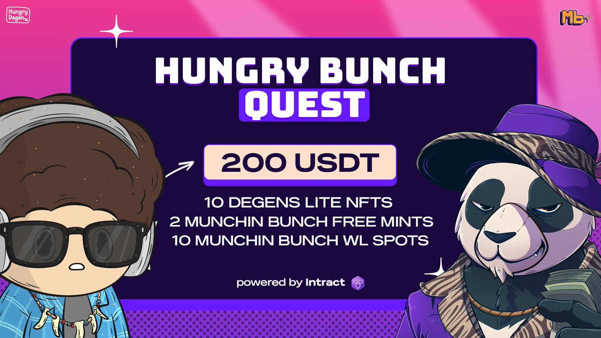 Henlohaven 🐼⛓ (@henlohaven) on Twitter photo 🐼 Munchin Bunch x Hungry Degens - Time to eat good!
Together with our friends @hungrydegens we're giving away:
• 200 USDT
• 10 Degens Lite NFTs
• 2 Munchin Free Mints & 10 WL Spots
👉 Join Campaign Now: quest.intract.io/quest/688c8aff…
Powered by <a href="/IntractQuests/">Intract Quests</a> 🐼 Munchin Bunch x Hungry Degens - Time to eat good!
Together with our friends @hungrydegens we're giving away:
• 200 USDT
• 10 Degens Lite NFTs
• 2 Munchin Free Mints & 10 WL Spots
👉 Join Campaign Now: quest.intract.io/quest/688c8aff…
Powered by <a href="/IntractQuests/">Intract Quests</a>