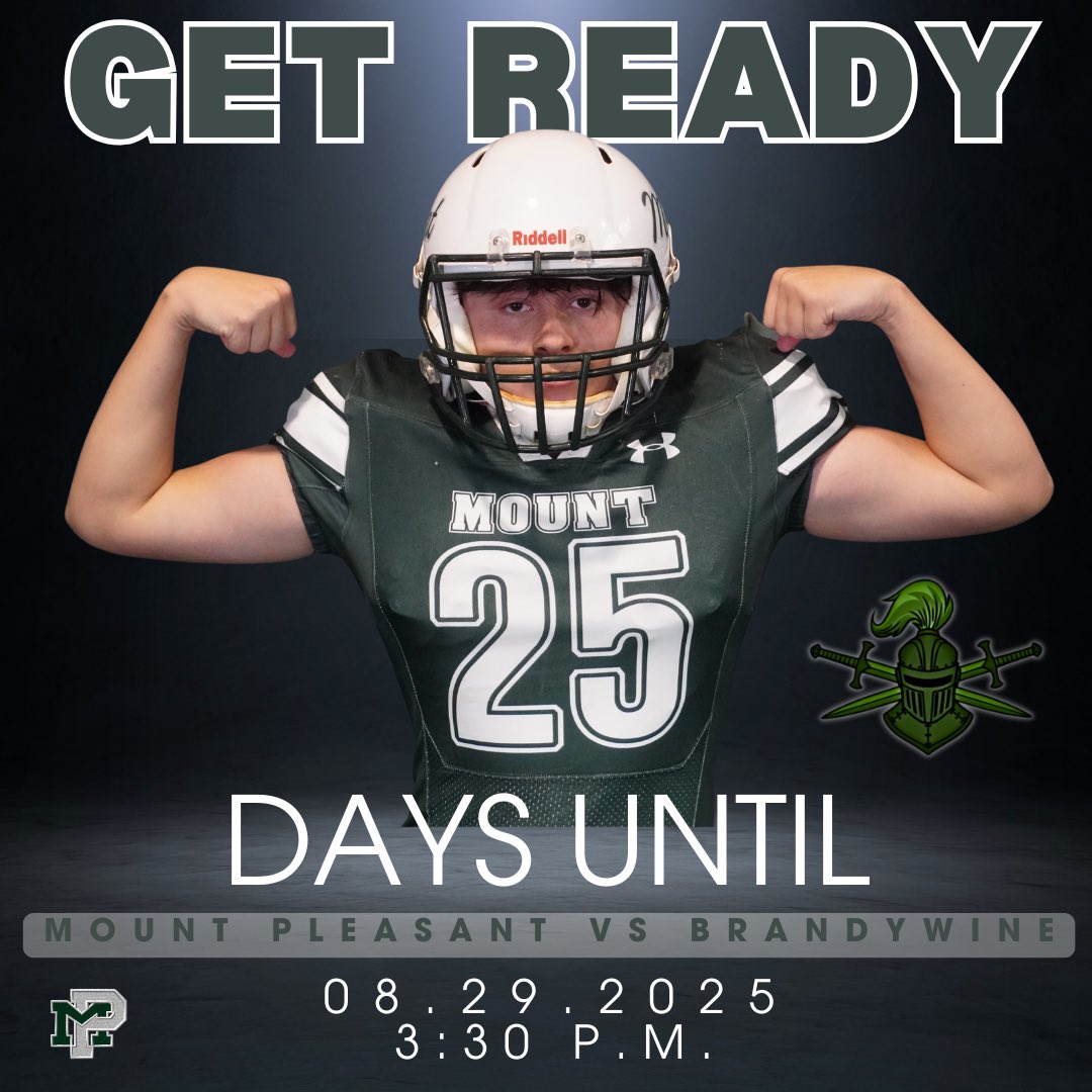 GreenKnightsFB's tweet photo. Only 25 more days until the 2025 Season kicks off! Can’t wait to see you in the stands for our home opener on August 29. #hsfootball #football #fb #mount #mountpride #gamedayloading #preseason #twentyfive #getready #GreenKnightsALLin https://t.co/VraXxow1iv
