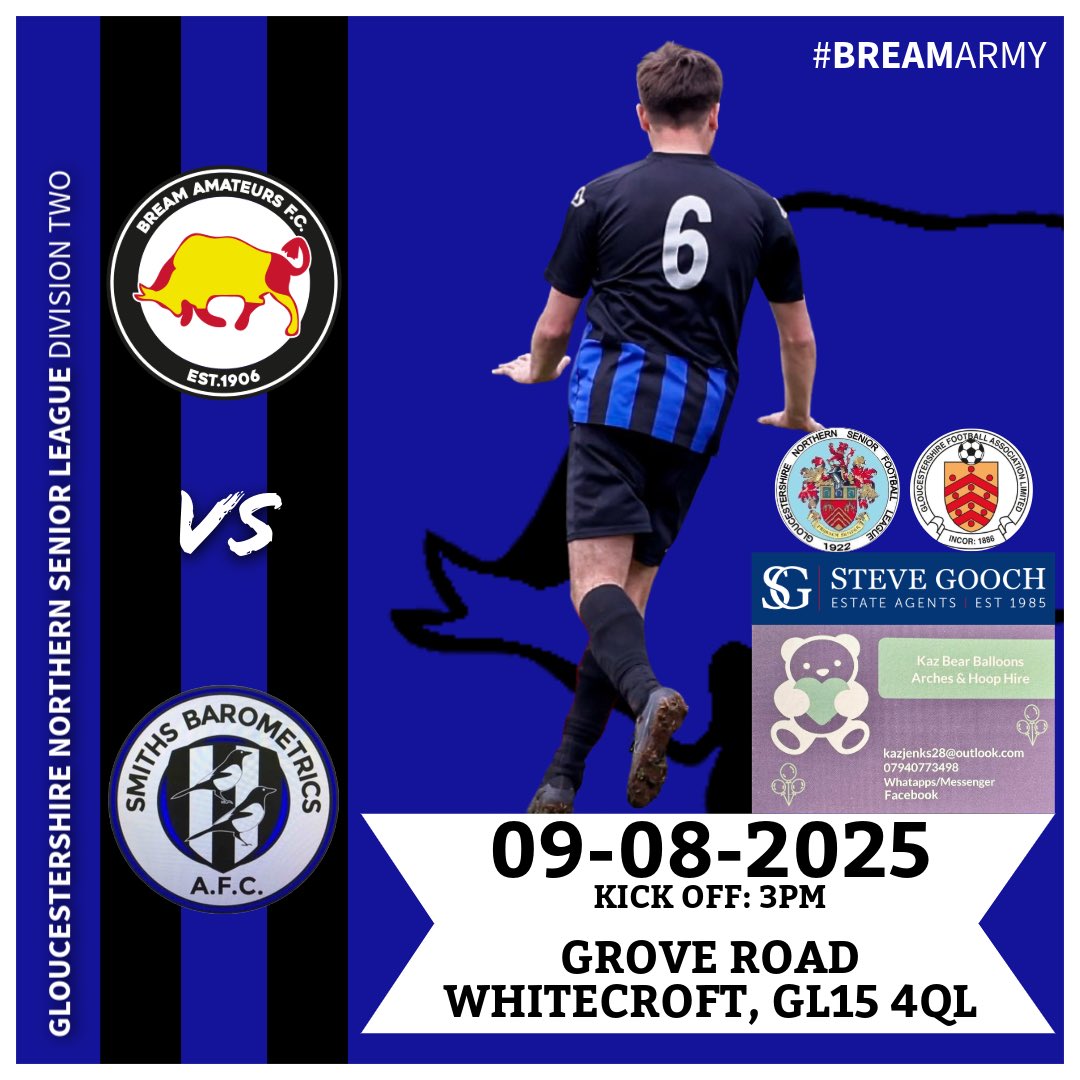 Bream Amateurs FC (@breamarmy) on Twitter photo THIS WEEK!
Firsts 🏠
🆚 <a href="/HarrowHillFC/">Harrow Hill FC</a> 
🏆 Reg Davis Cup
📍 Grove Rd, GL15 4QL
⚽️ 06/08 6:30pm
Seconds 🛣️
🆚 <a href="/WoolastonFC/">Woolaston AFC</a> Res
🏆 WDC Junior
📍 Woolaston Village Hall, GL15 6SU
⚽️ 07/08 6:30pm
Firsts 🏠
🆚 <a href="/afc_smiths/">Smiths Barometrics AFC</a>
🏆 <a href="/GNSLOfficial/">GNSL</a> Div 2
📍 Grove Rd, GL15 4QL
⚽️ 09/08 3pm THIS WEEK!
Firsts 🏠
🆚 <a href="/HarrowHillFC/">Harrow Hill FC</a> 
🏆 Reg Davis Cup
📍 Grove Rd, GL15 4QL
⚽️ 06/08 6:30pm
Seconds 🛣️
🆚 <a href="/WoolastonFC/">Woolaston AFC</a> Res
🏆 WDC Junior
📍 Woolaston Village Hall, GL15 6SU
⚽️ 07/08 6:30pm
Firsts 🏠
🆚 <a href="/afc_smiths/">Smiths Barometrics AFC</a>
🏆 <a href="/GNSLOfficial/">GNSL</a> Div 2
📍 Grove Rd, GL15 4QL
⚽️ 09/08 3pm